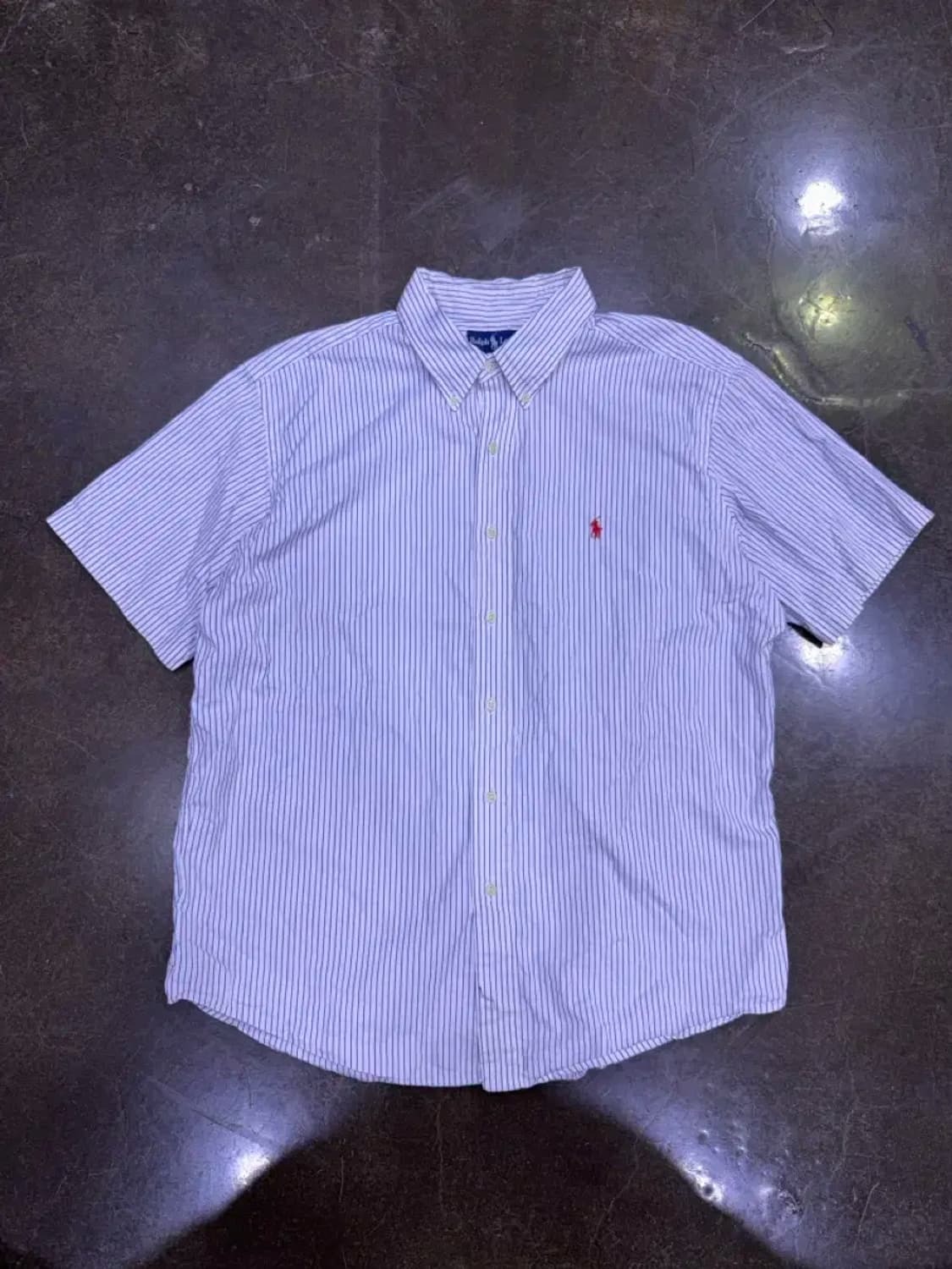 폴로 랄프로렌 스트라이프 반팔 셔츠 커스텀핏 화이트 블루 XXL 상품이미지1