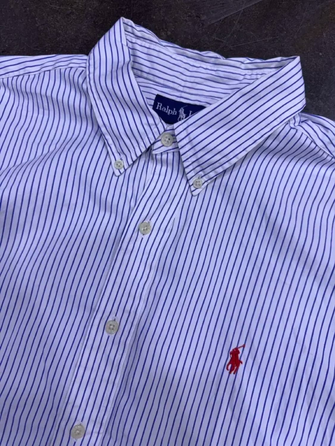 폴로 랄프로렌 스트라이프 반팔 셔츠 커스텀핏 화이트 블루 XXL 상품이미지3
