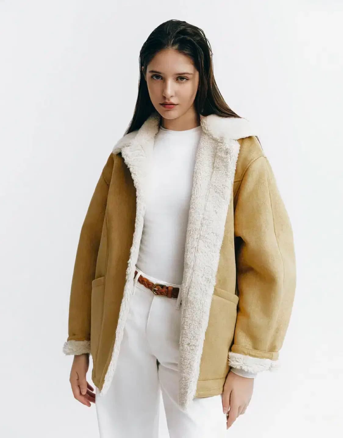 지오다노 스웨이드 라이크 퍼 카멜 무스탕 자켓 S 상품이미지1