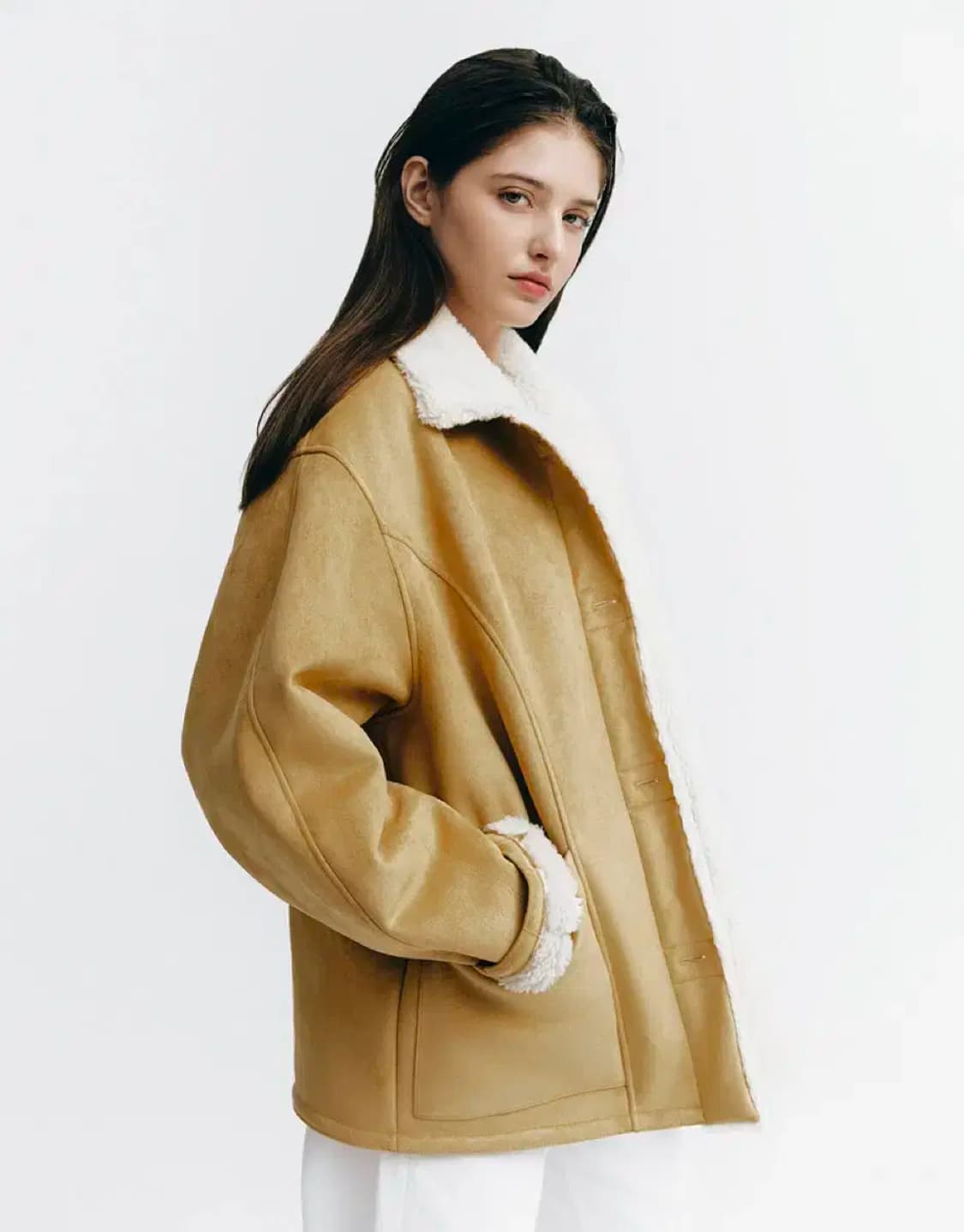 지오다노 스웨이드 라이크 퍼 카멜 무스탕 자켓 S 상품이미지2