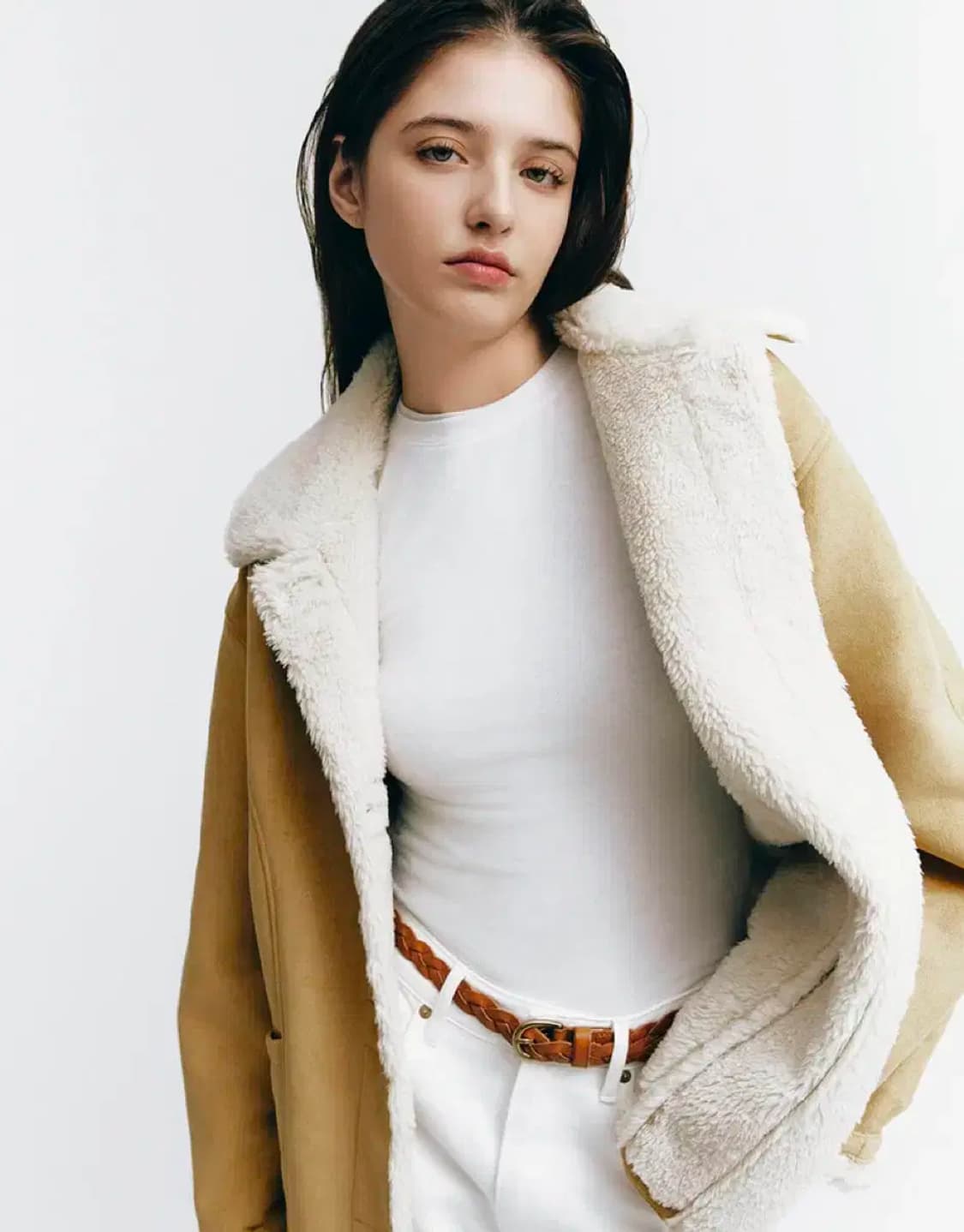 지오다노 스웨이드 라이크 퍼 카멜 무스탕 자켓 S 상품이미지4