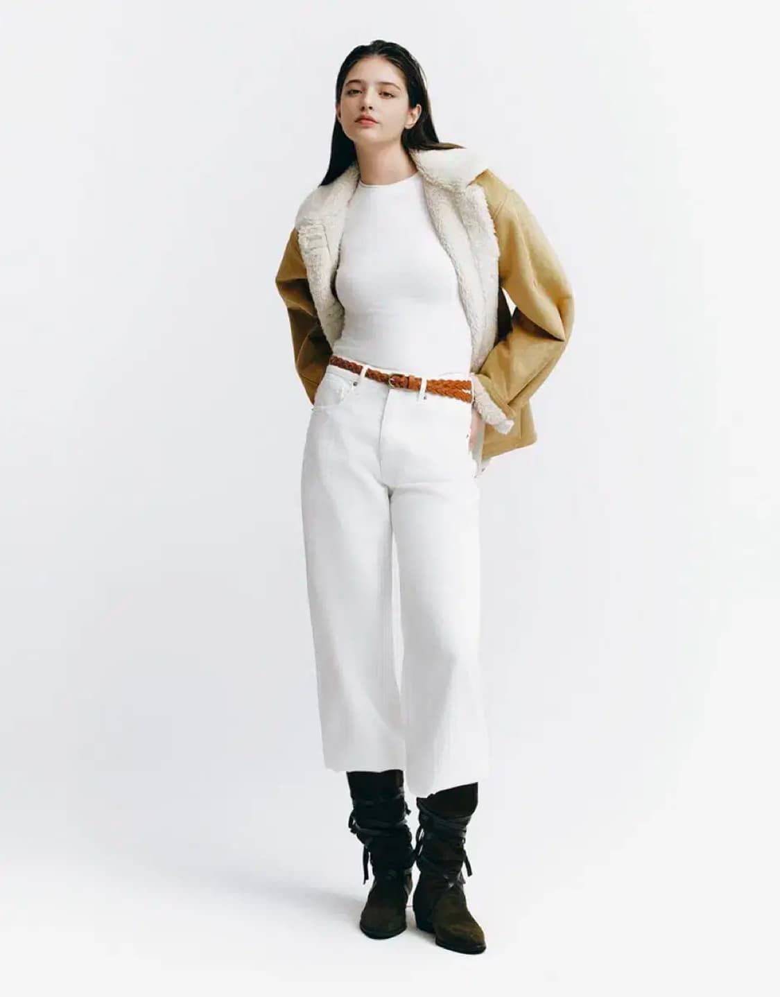 지오다노 스웨이드 라이크 퍼 카멜 무스탕 자켓 S 상품이미지5