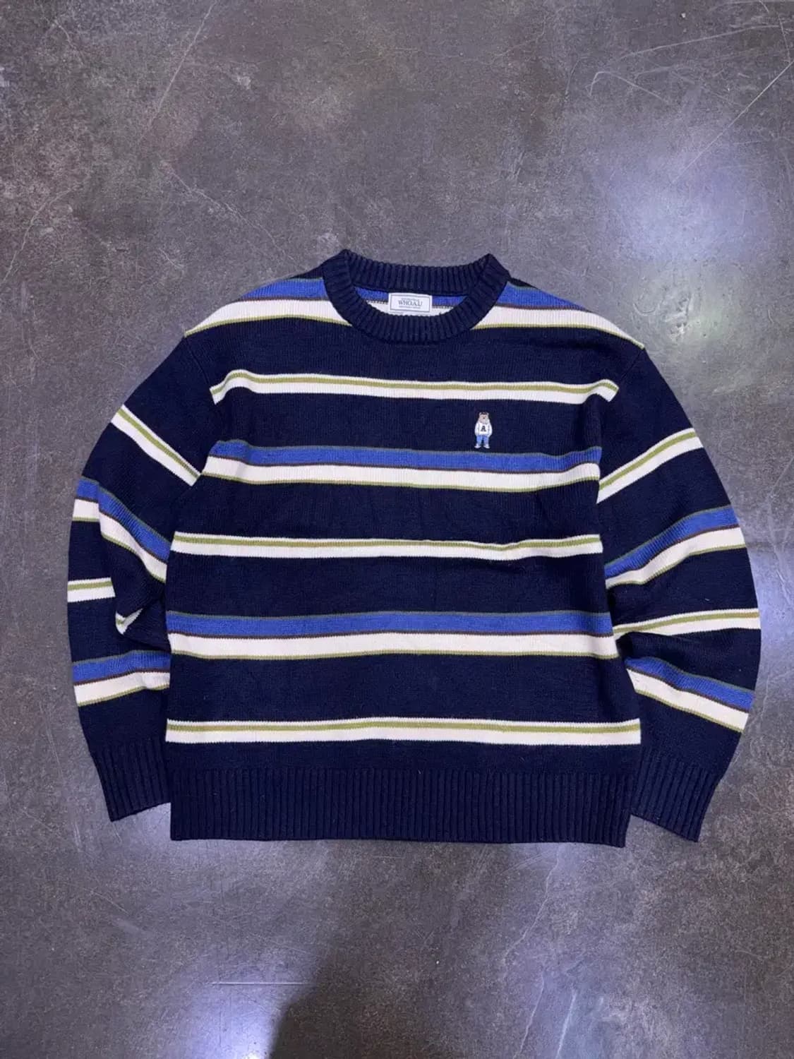 후아유 스티브 곰돌이 스트라이프 니트 스웨터 네이비 L 상품이미지1