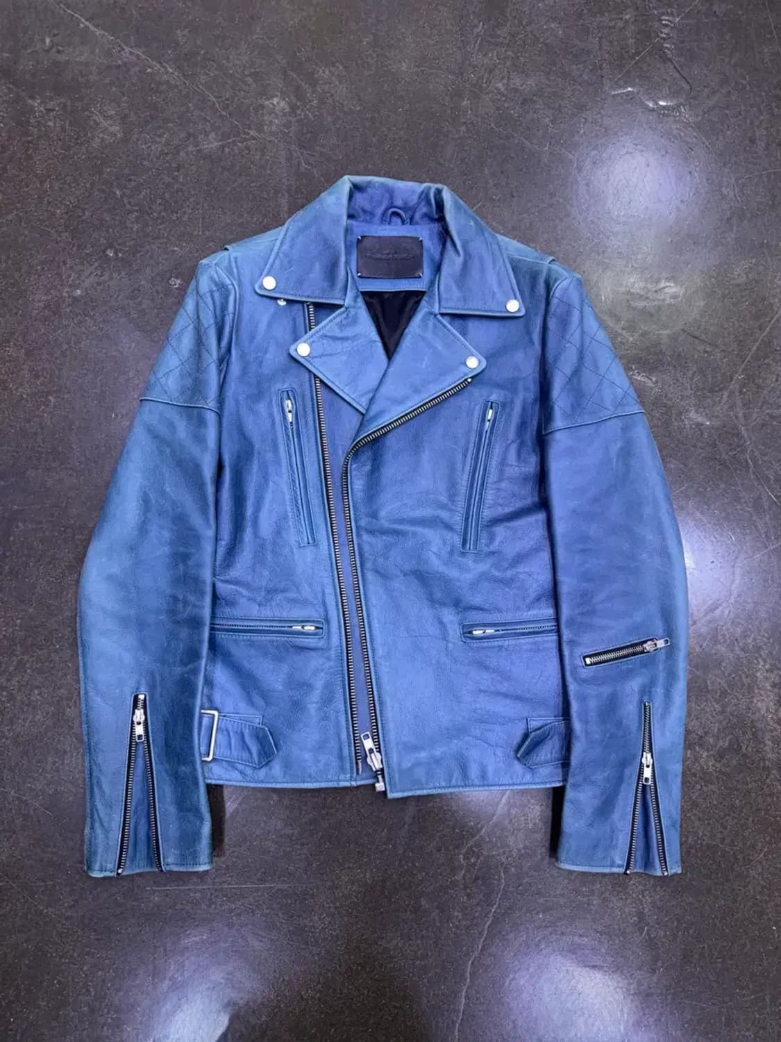 비바스튜디오 x무신사 하드 레더 라이더자켓 에메랄드 블루 S 상품이미지1