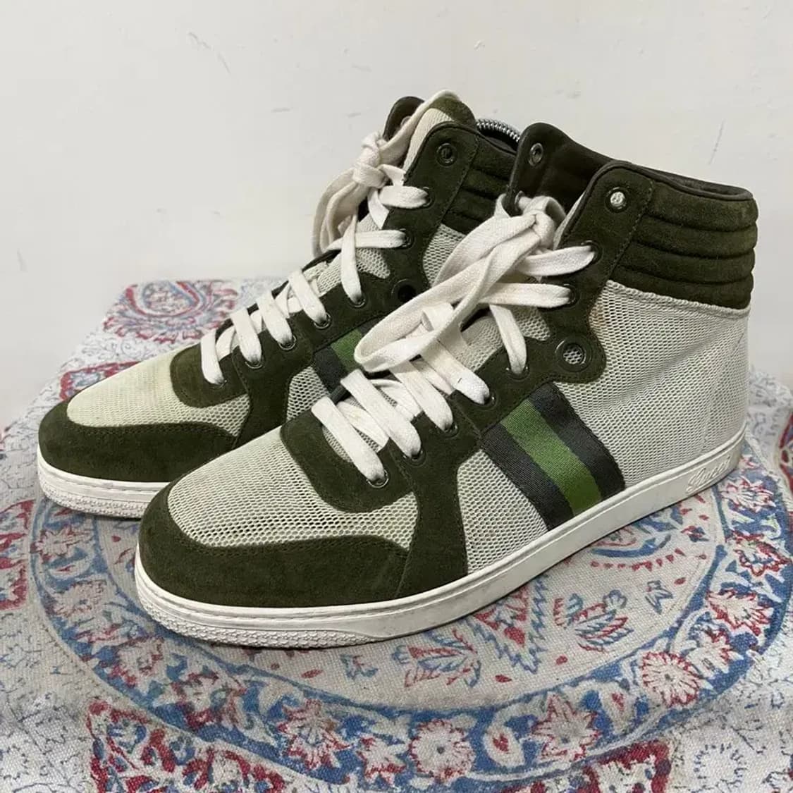 구찌 GUCCI 정품 카키 매쉬 삼선 하이탑 스니커즈 7.5 E01638 상품이미지1