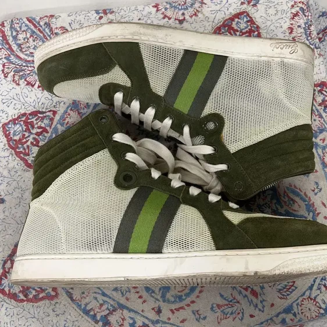 구찌 GUCCI 정품 카키 매쉬 삼선 하이탑 스니커즈 7.5 E01638 상품이미지3