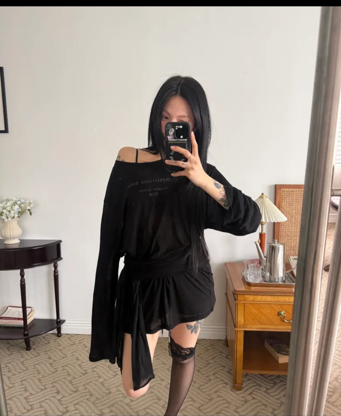 (새상품) 미스테리어스호텔 TMH 쉬어 랩 원피스 블랙 상품이미지3
