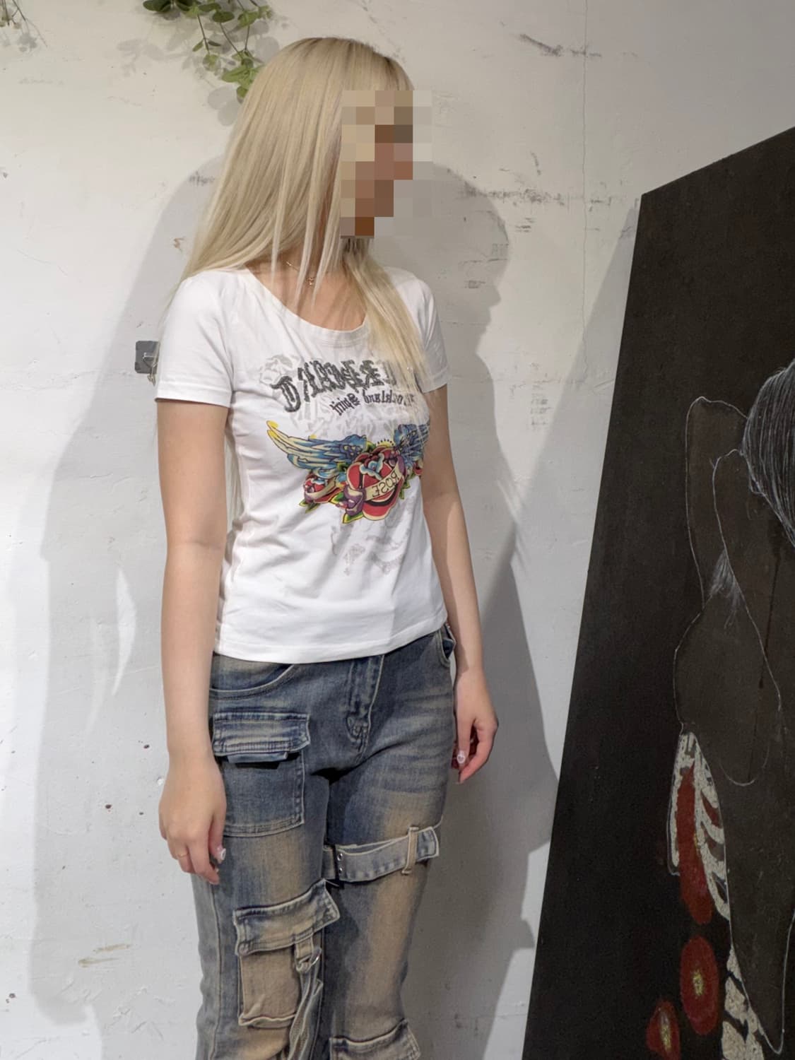 알마니 딱붙핏 y2k 화이트 프린팅 반팔 티셔츠 S 상품이미지4