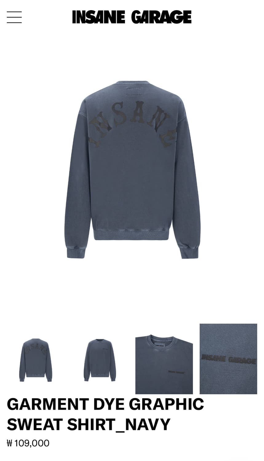인세인개러지 워싱 맨투맨 네이비 상품이미지1