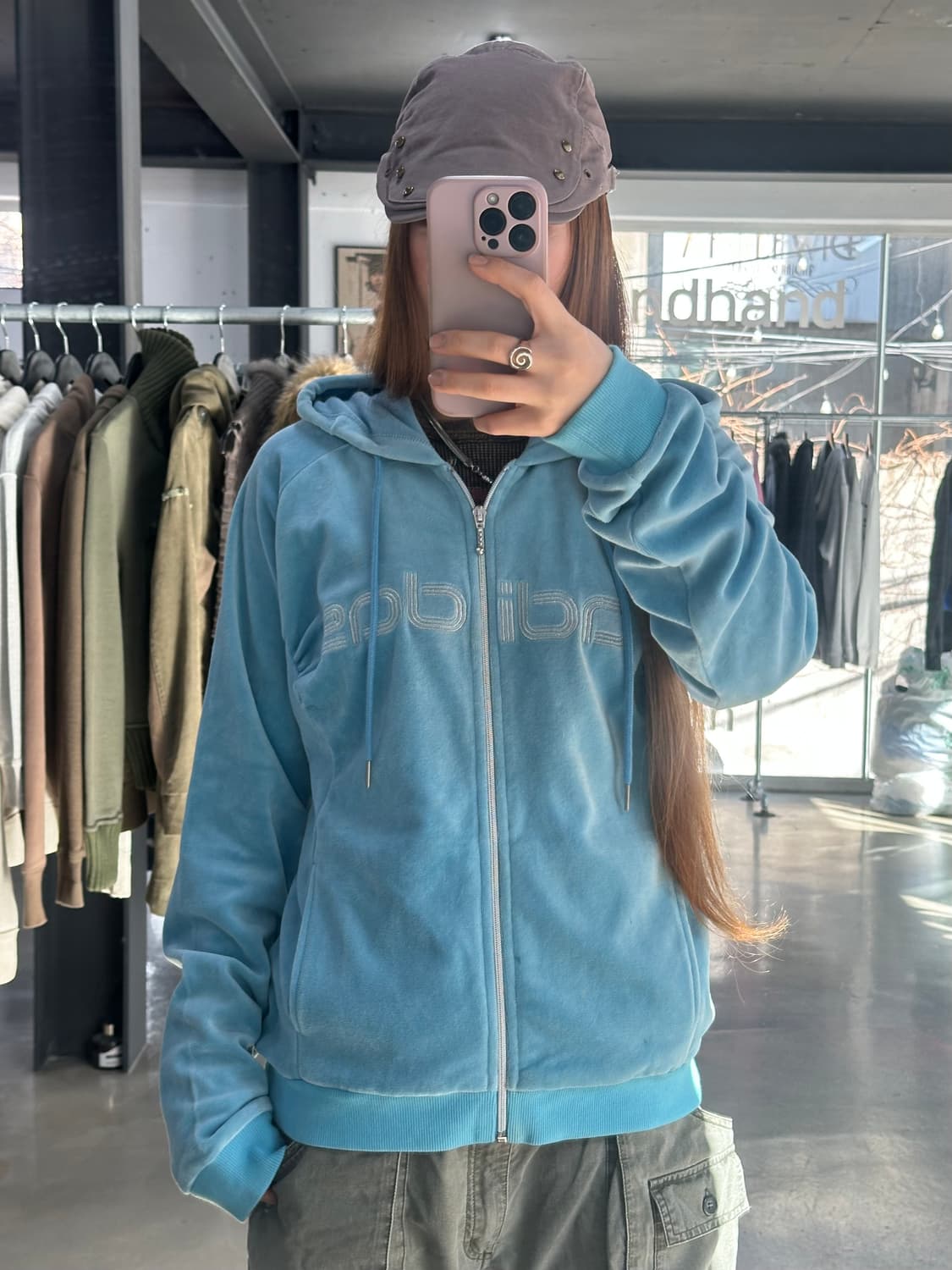 아디다스 블루 벨루어 셔링 후드집업 상품이미지1