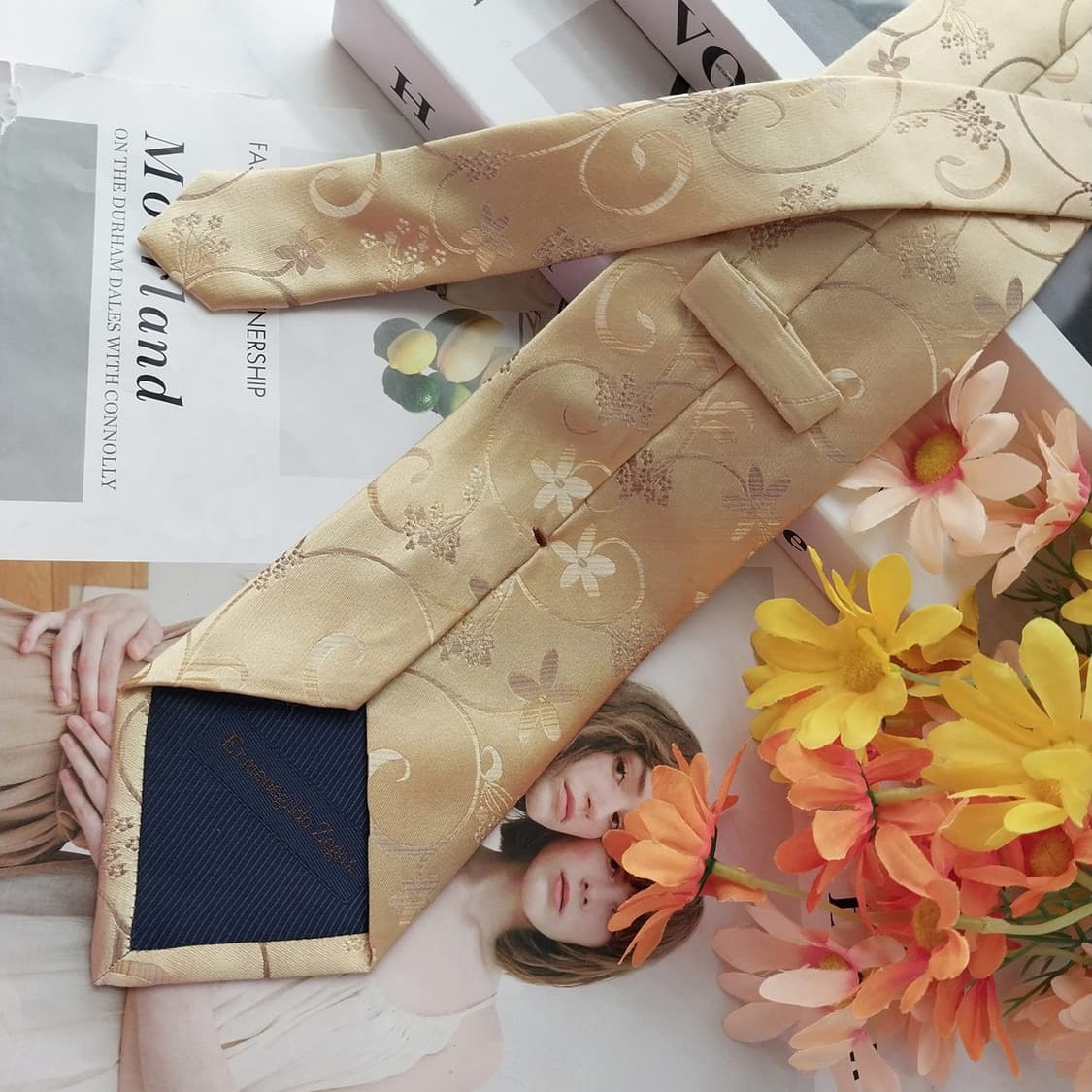 에르메네질도 제냐 골드 플라워 자수 넥타이 9.3cm A+등급 K2568 상품이미지5