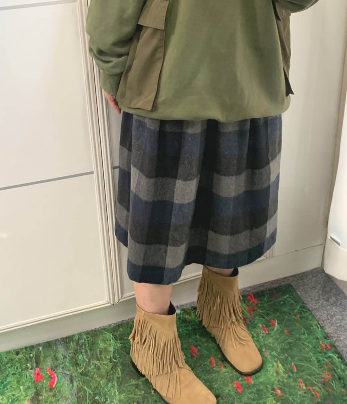 JPY)Wool banding checked midi skirt 상품이미지5