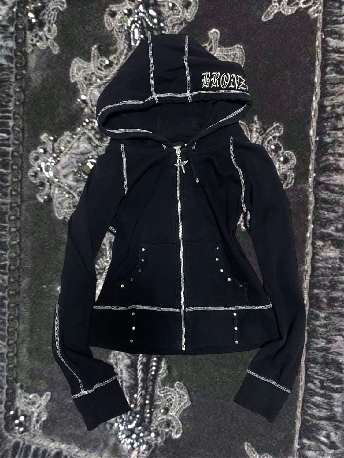 00s Vkei Cross hoodie 스터드십자가슬림후드집업핀터크롬깔 상품이미지4