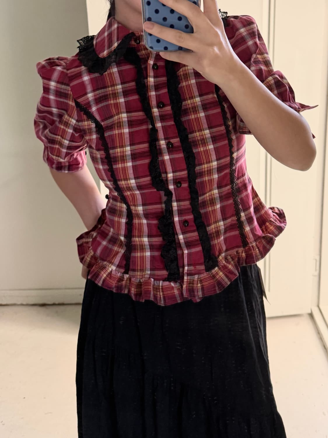 일본빈티지 그런지 체크레이스 블라우스 상품이미지2