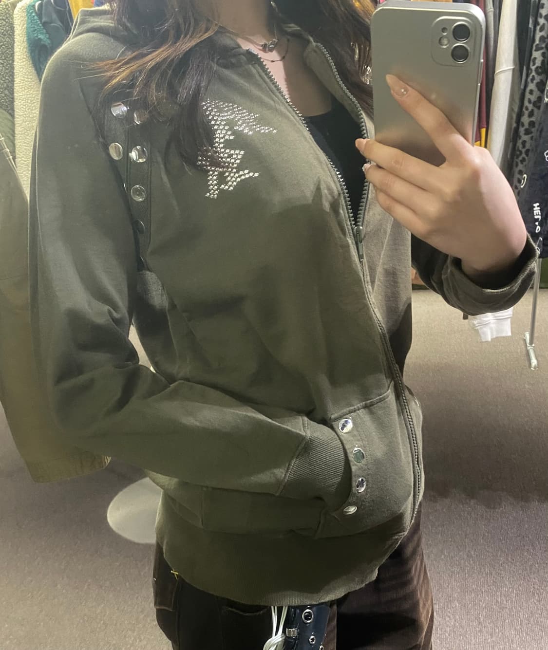 M)Japanese vintage 여성 스터드 카키 후디 상품이미지2