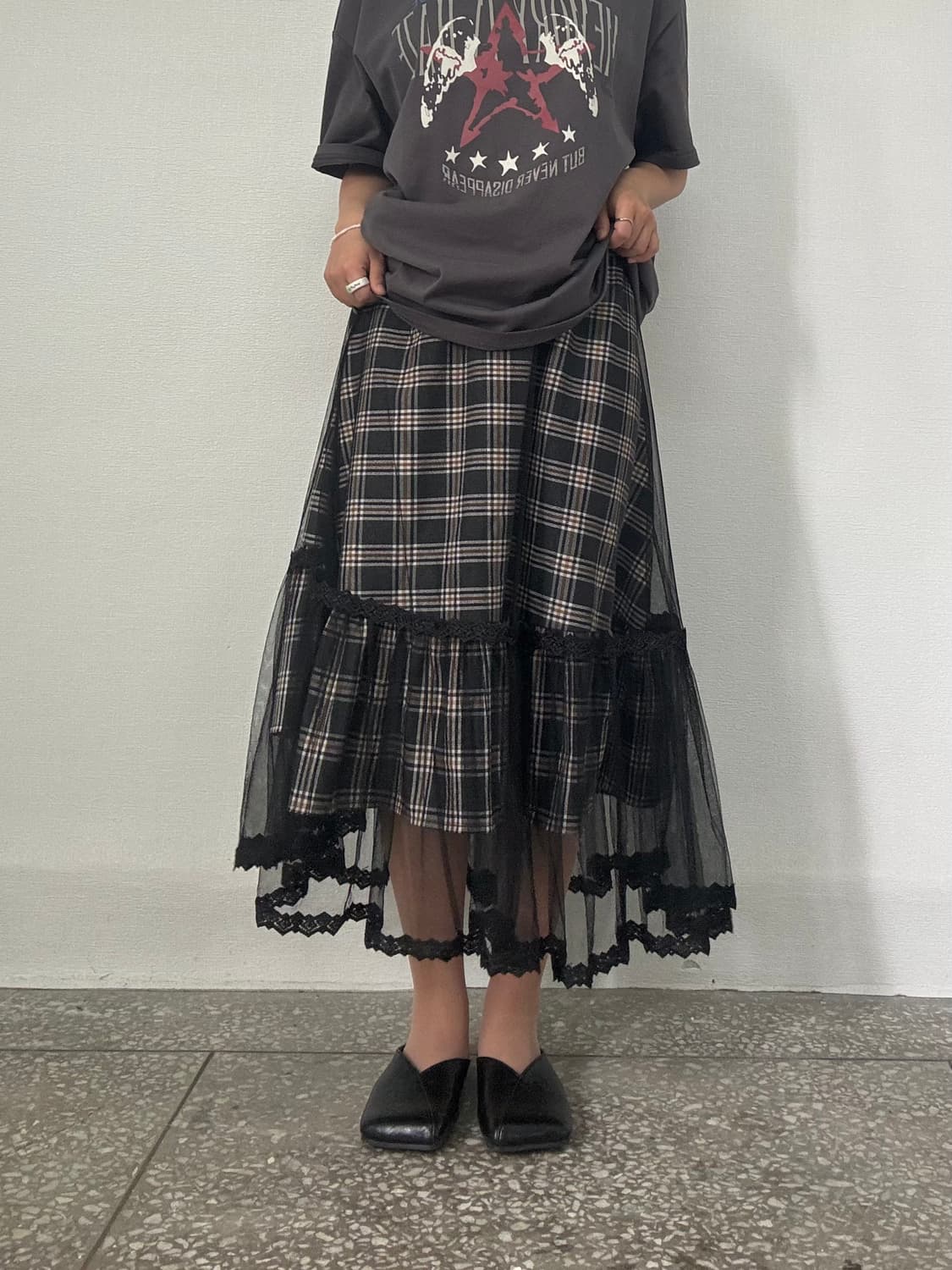 체크 시스루 미디 스커트 상품이미지5