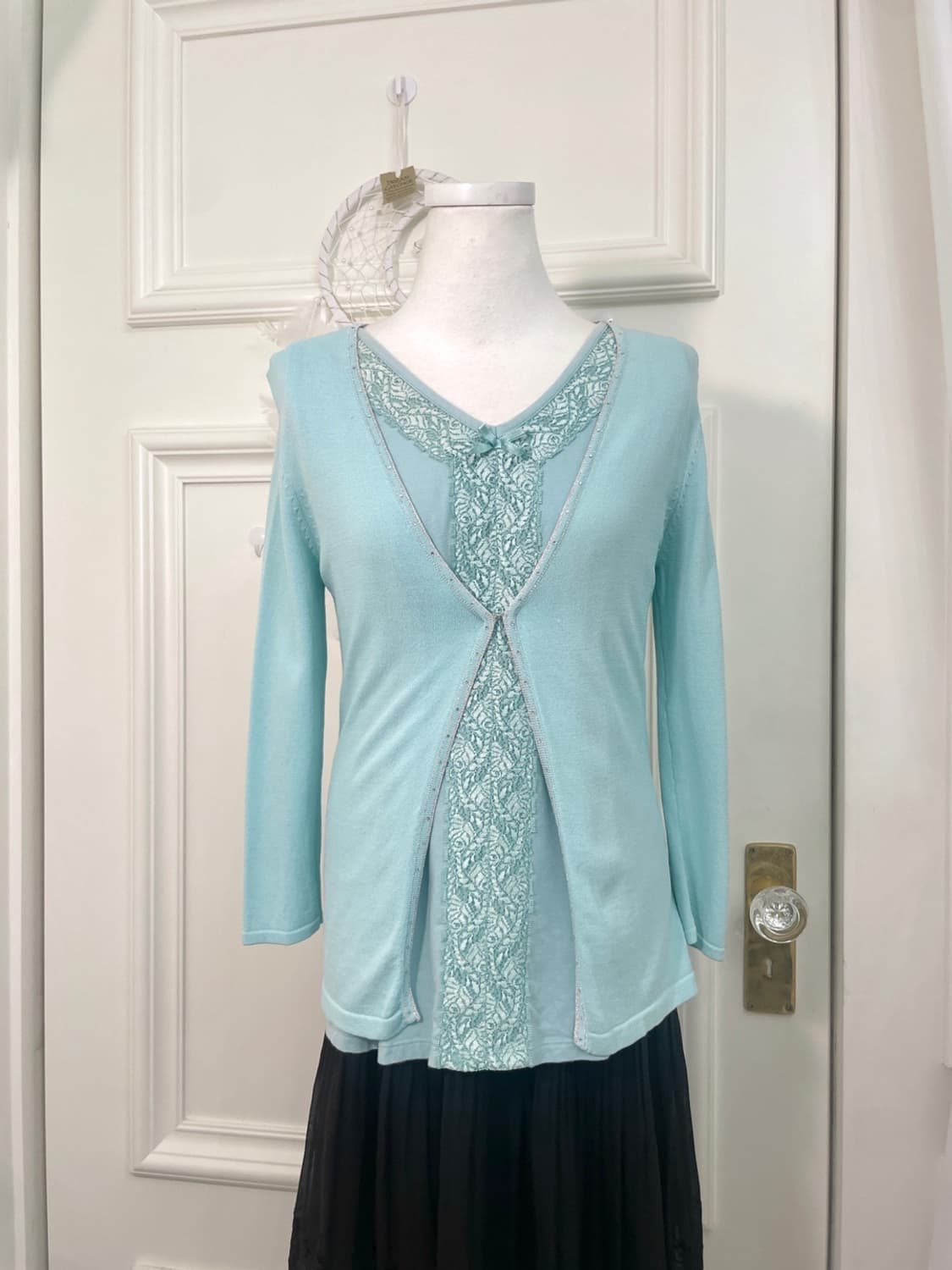 mint cubic one-button cardigan&lace trim 상품이미지1