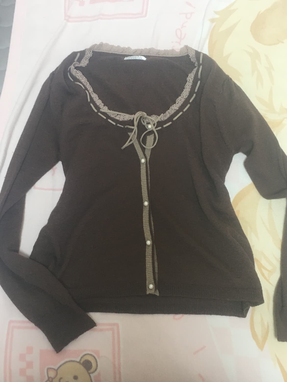 라떼갸루 리본 가디건 진주 레이스 빈티지 초코 브라운 상품이미지1