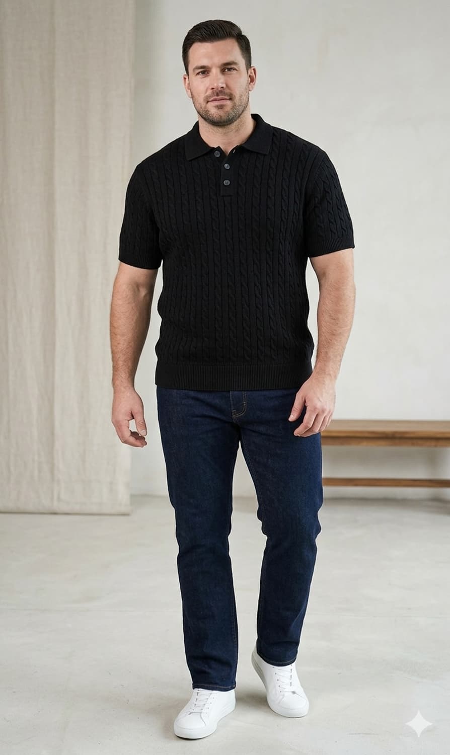 [XXL] 미나브(minav) 케이블 니트 카라 반팔 티셔츠 (블랙) 상품이미지1