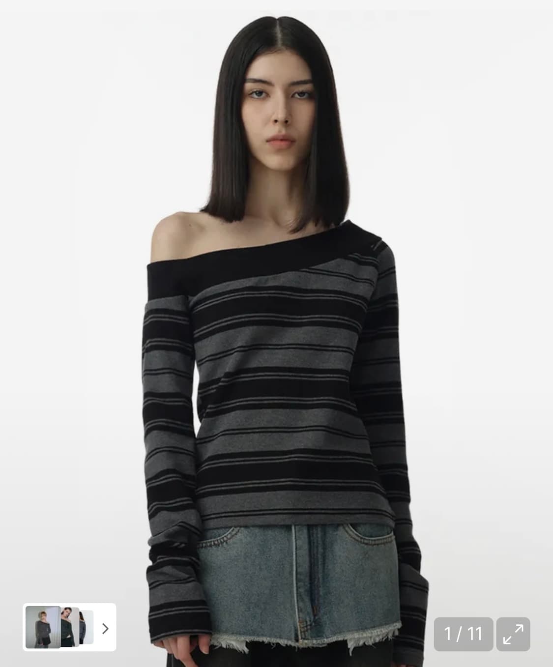 원 숄더 스트라이프 티셔츠 [차콜 그레이] 상품이미지1