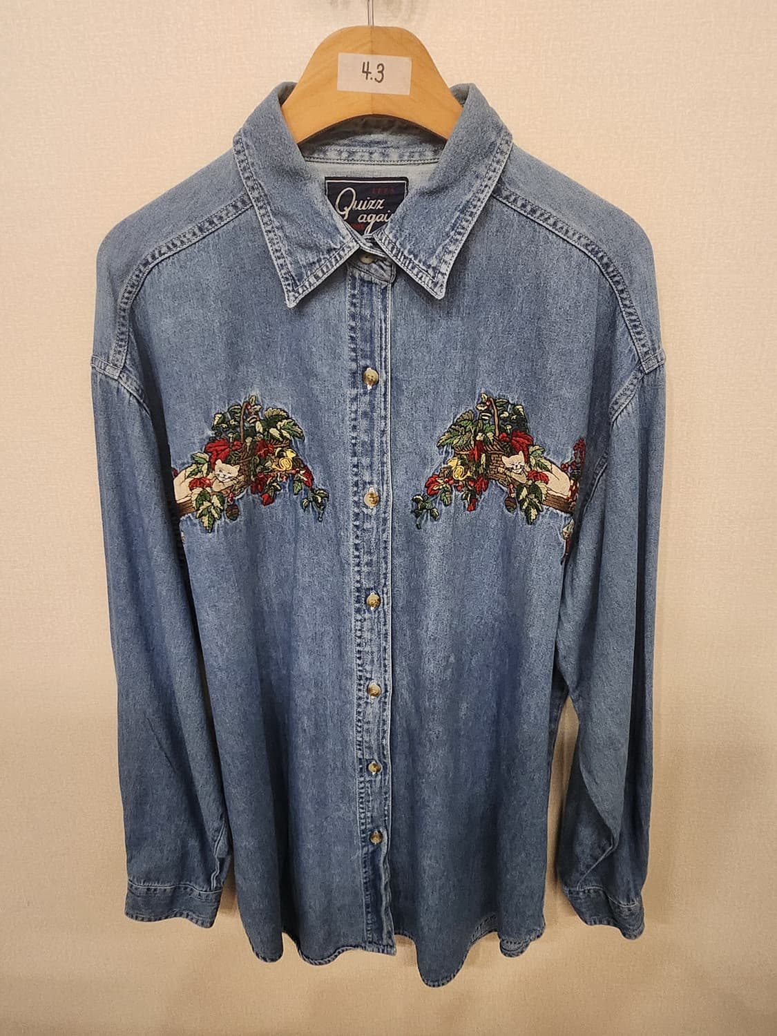 ((미국 빈티지))고양이🐱자수 데님 긴팔 청남방 상품이미지1