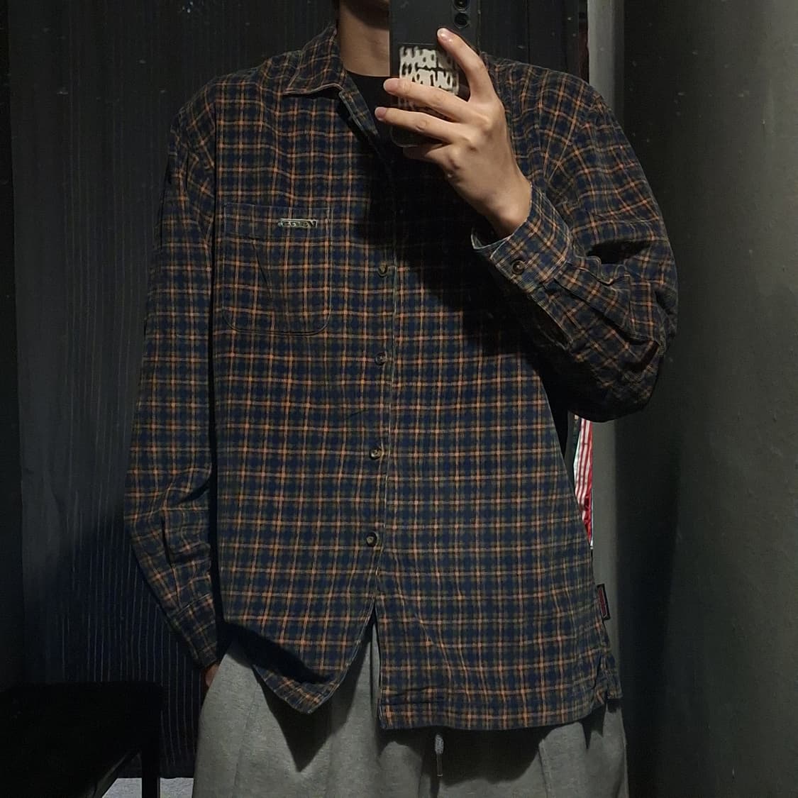 반스 90s 네이비 오렌지 타탄체크 올드스쿨 스트릿 코듀로이 남방 셔츠 상품이미지1