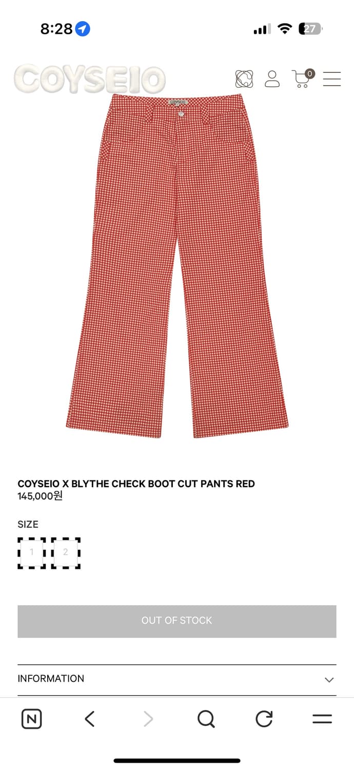 코이세이오 BLYTHE 체크부츠컷팬츠 1사이즈 구해요! 상품이미지1