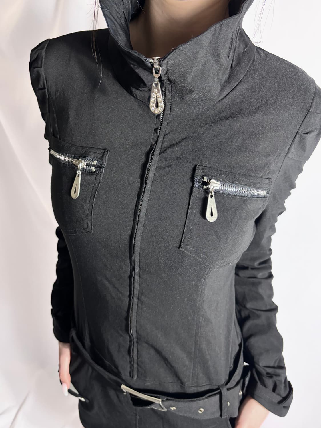 Japanese Vintage Black Zip Mini Dress 상품이미지4