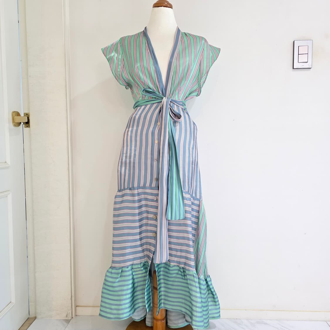 paris 빈티지)그린 스트라이프 패치워크 랩 캉캉 맥시 드레스 상품이미지6