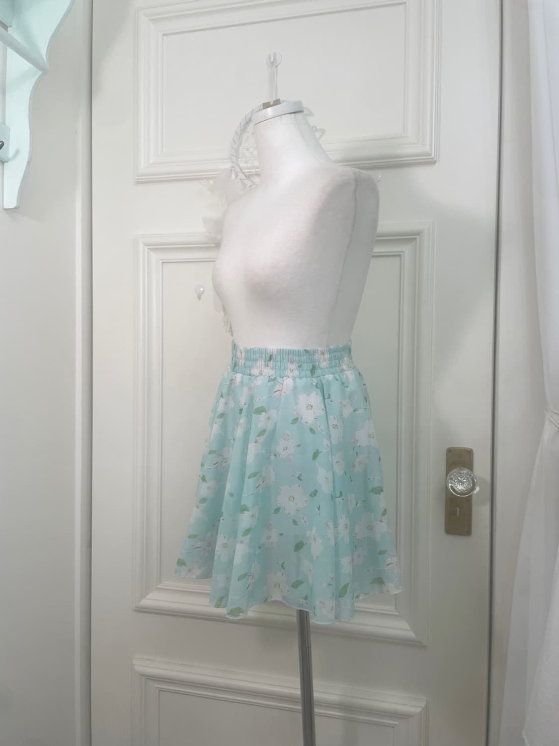 mint white flower banding midi skirt 상품이미지2