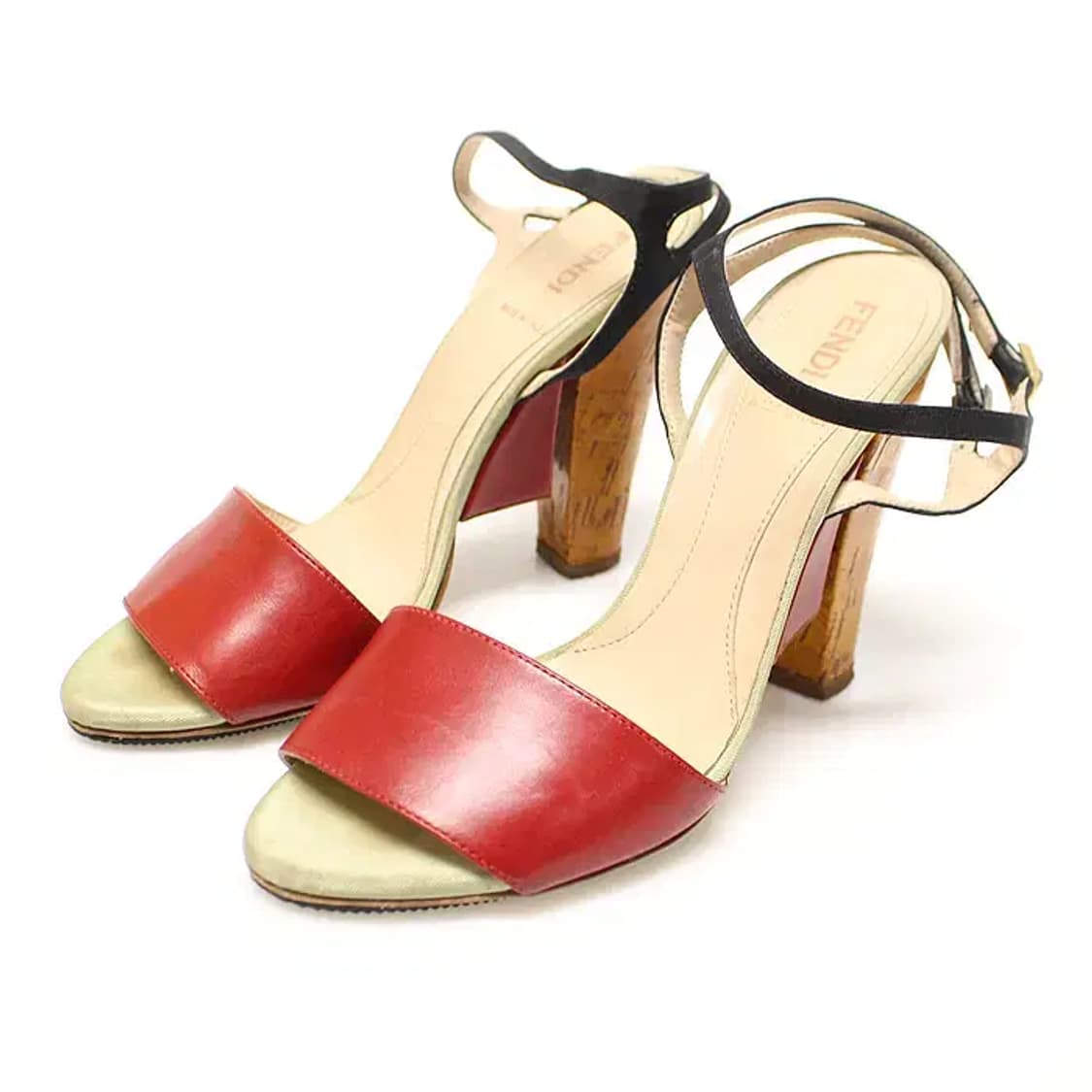펜디 레드 레더 멀티 컬러 새틴 트리밍 여성 샌들 36 21964FD 상품이미지3