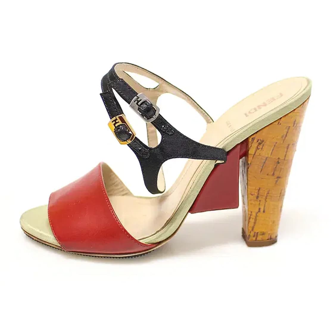 펜디 레드 레더 멀티 컬러 새틴 트리밍 여성 샌들 36 21964FD 상품이미지4