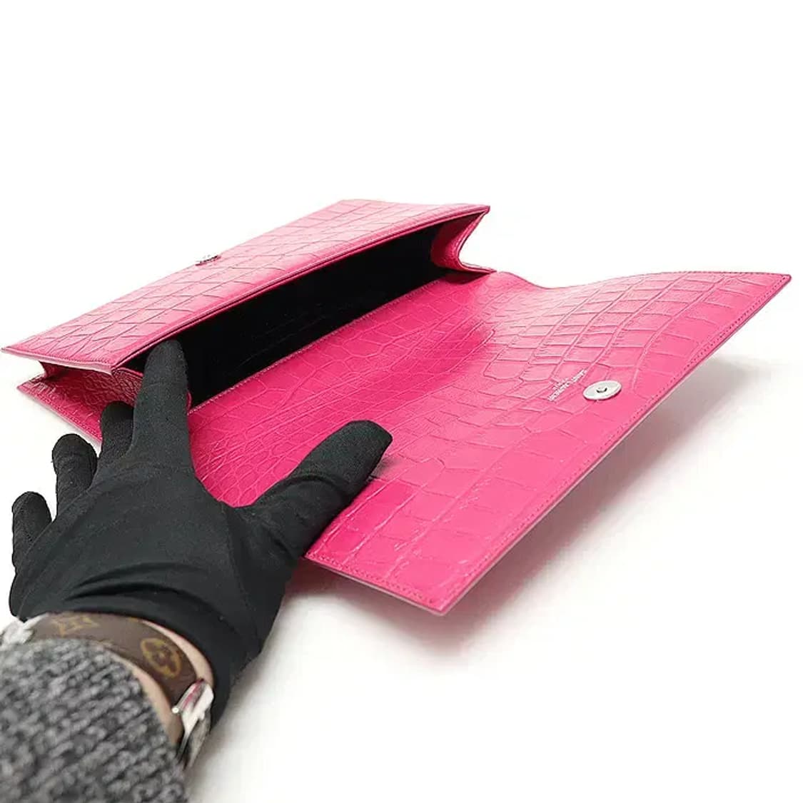 생로랑 400409 핑크 크로커다일 패턴 은장 클러치 45674YSLC 상품이미지6