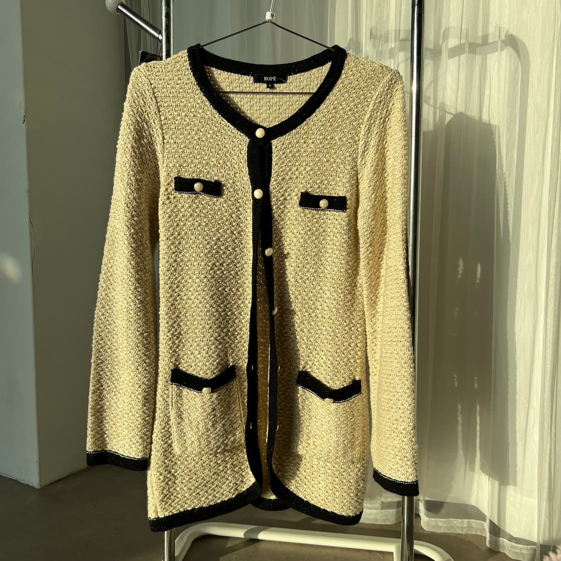 ROPE 라이트옐로우 트위드 진주버튼 부클레 가디건 M 상품이미지1