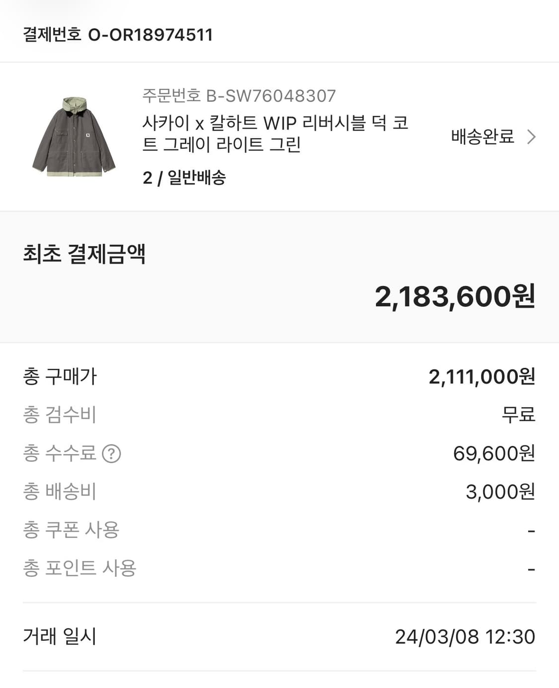 사카이 x 칼하트 WIP 리버서블 덕 코트 상품이미지5