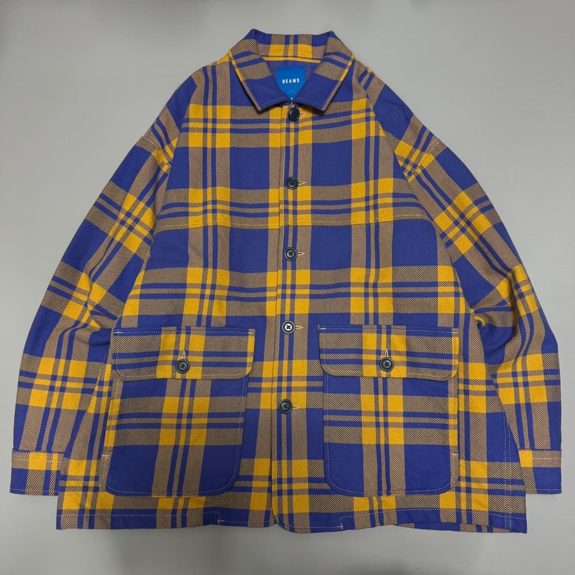 빔즈(BEAMS) 블루 머스타드 체크 패턴 코튼 빅실루엣 커버올 자켓 상품이미지6