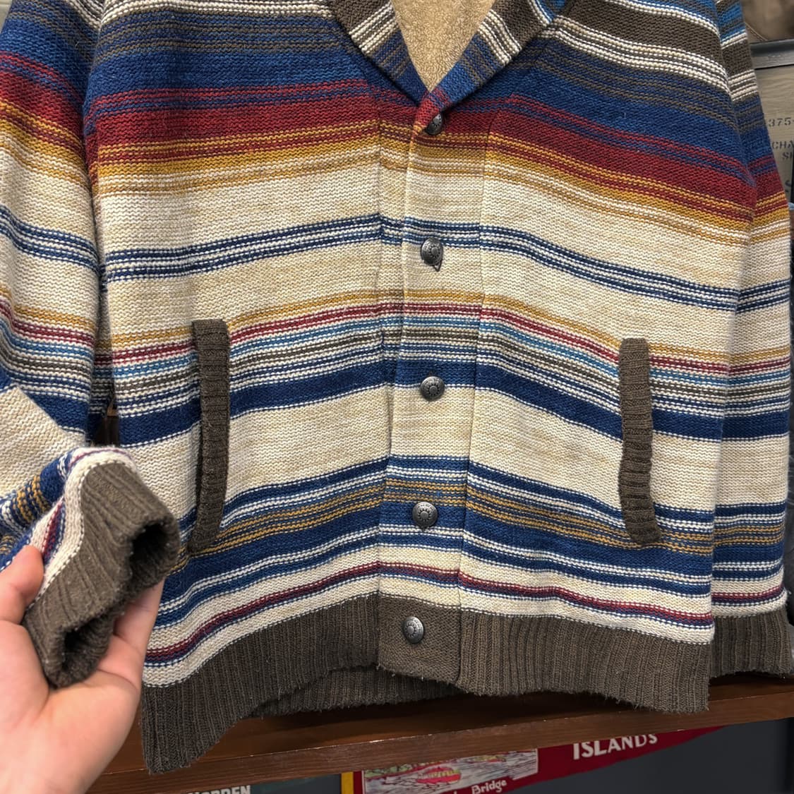 90s JPN 에스닉 자카드 스트라이프 보아라이닝 숄카라 가디건 N562 상품이미지4