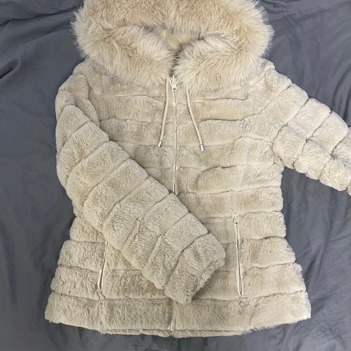 오네갸루 퍼 자켓 리버시블 후드 집업 아우터 베이지 빈티지 로걀 상품이미지1