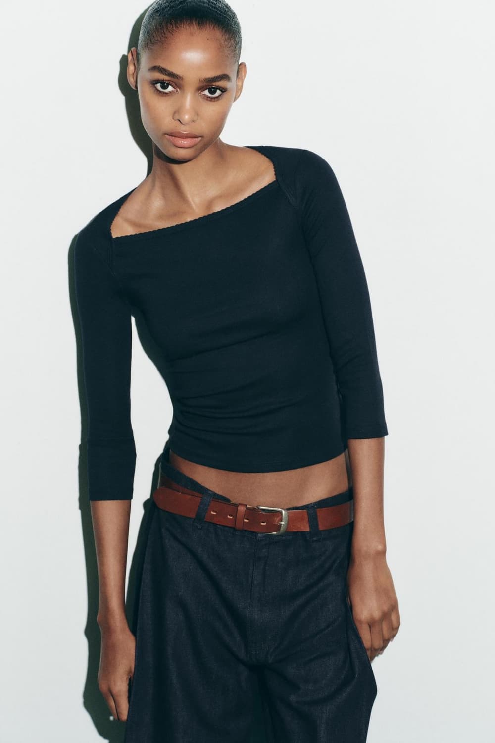 ZARA 자라 모달코튼 스퀘어넥 긴팔 티셔츠 네이비  상품이미지1