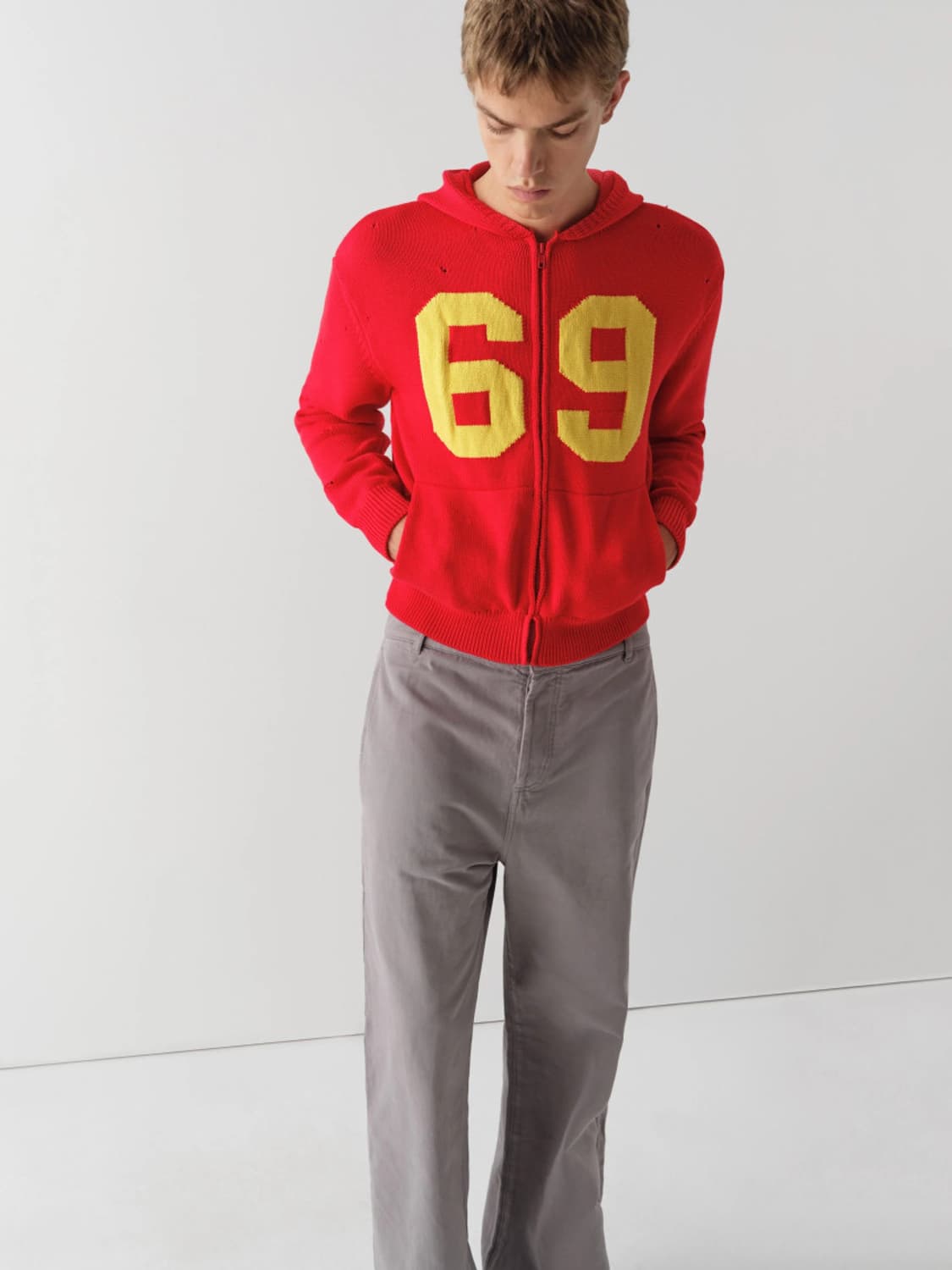 [XS,S,M]기마구아스 69 니트 후드 집업/레드 상품이미지4