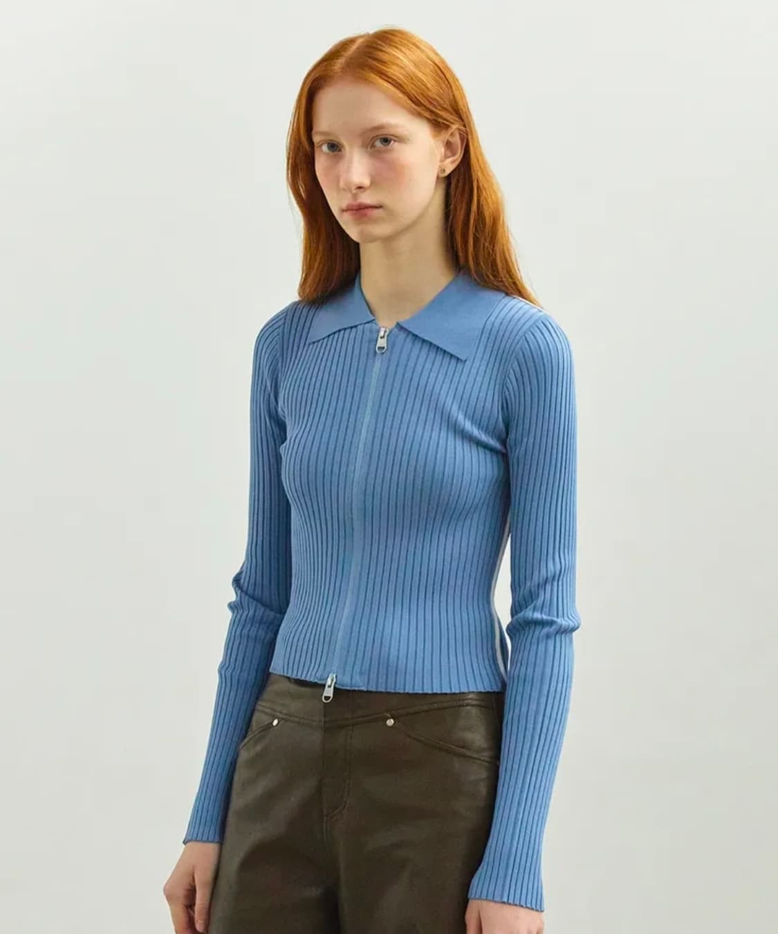 마리떼 W SLIMFIT RIBBED ZIPUP CARDIGAN blue 상품이미지1