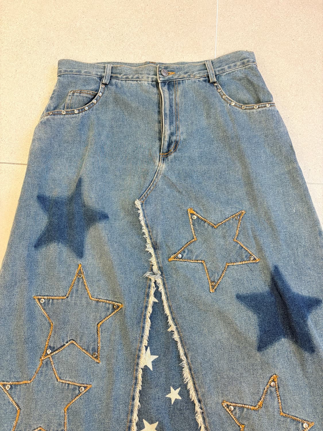 별 프린지 데님 롱스커트 상품이미지2