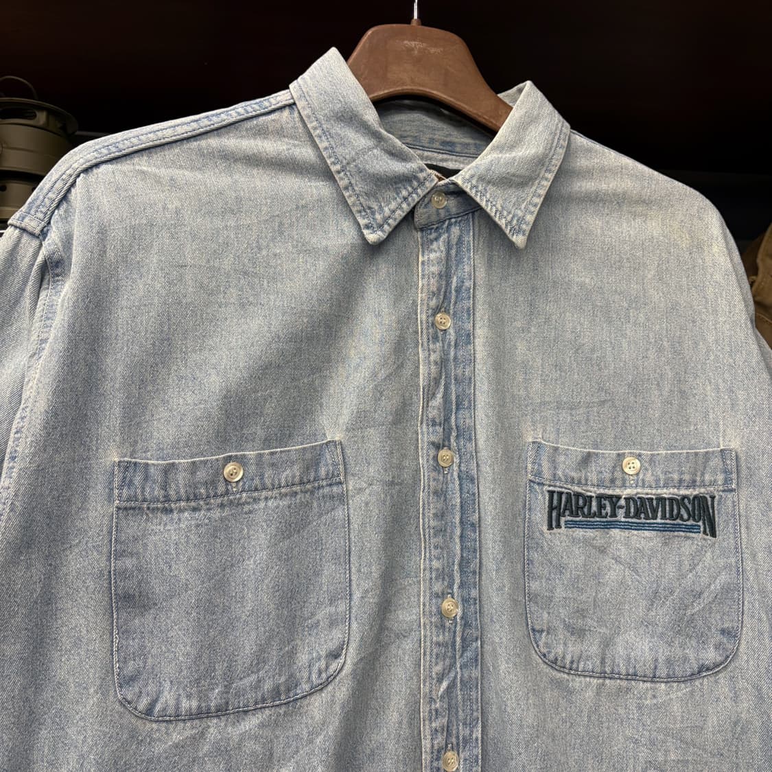 90s 할리데이비슨 클래식 워크 데님셔츠 레터링 패치포켓 N735 상품이미지3