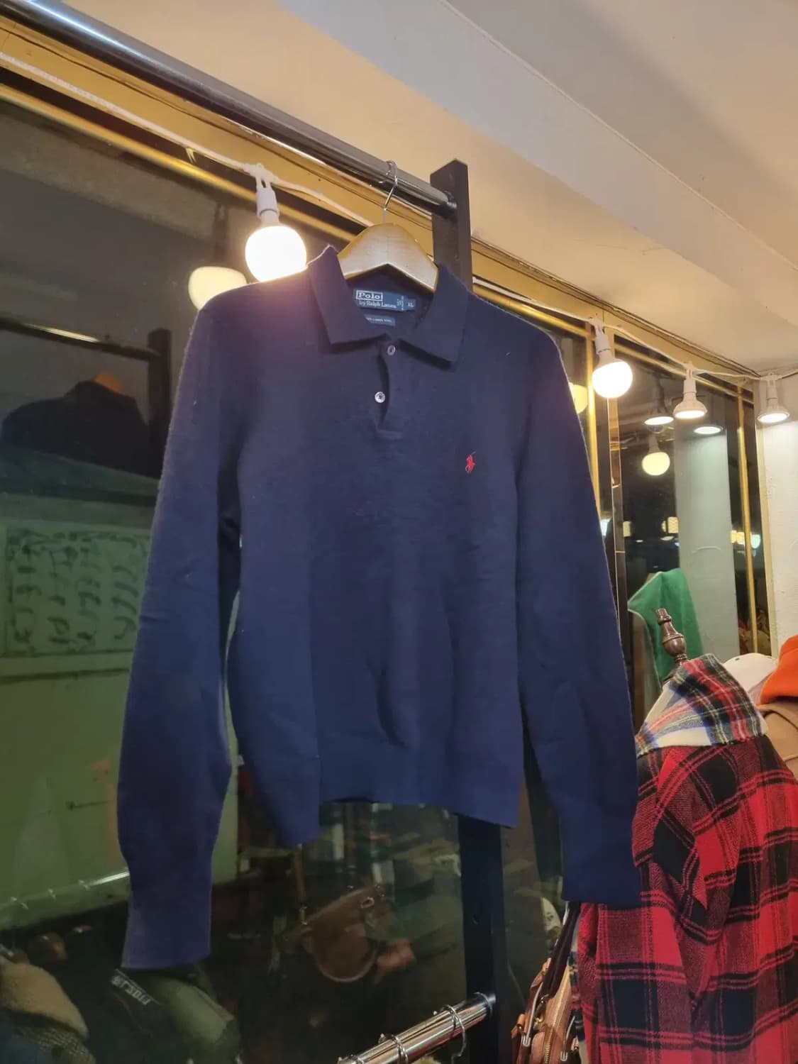 실사이즈 L 폴로 랄프로렌 100% 램스울 레드 포니 네이비 카라긴팔티 상품이미지1