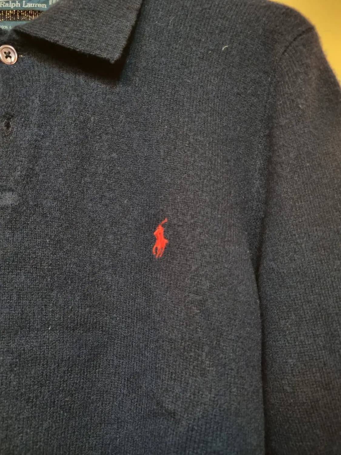 실사이즈 L 폴로 랄프로렌 100% 램스울 레드 포니 네이비 카라긴팔티 상품이미지4