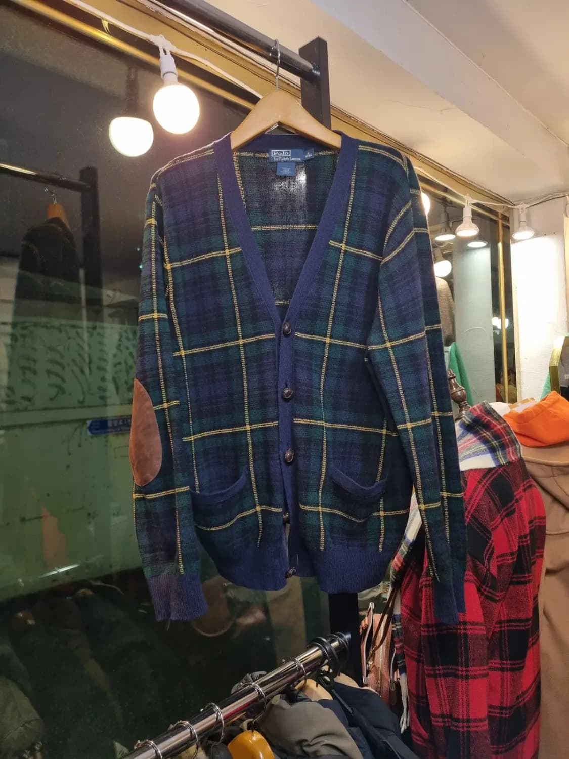 XL 폴로 랄프로렌 클래식 블랙와치 타탄체크 팔꿈치 스웨이드 패치 가디건 상품이미지1