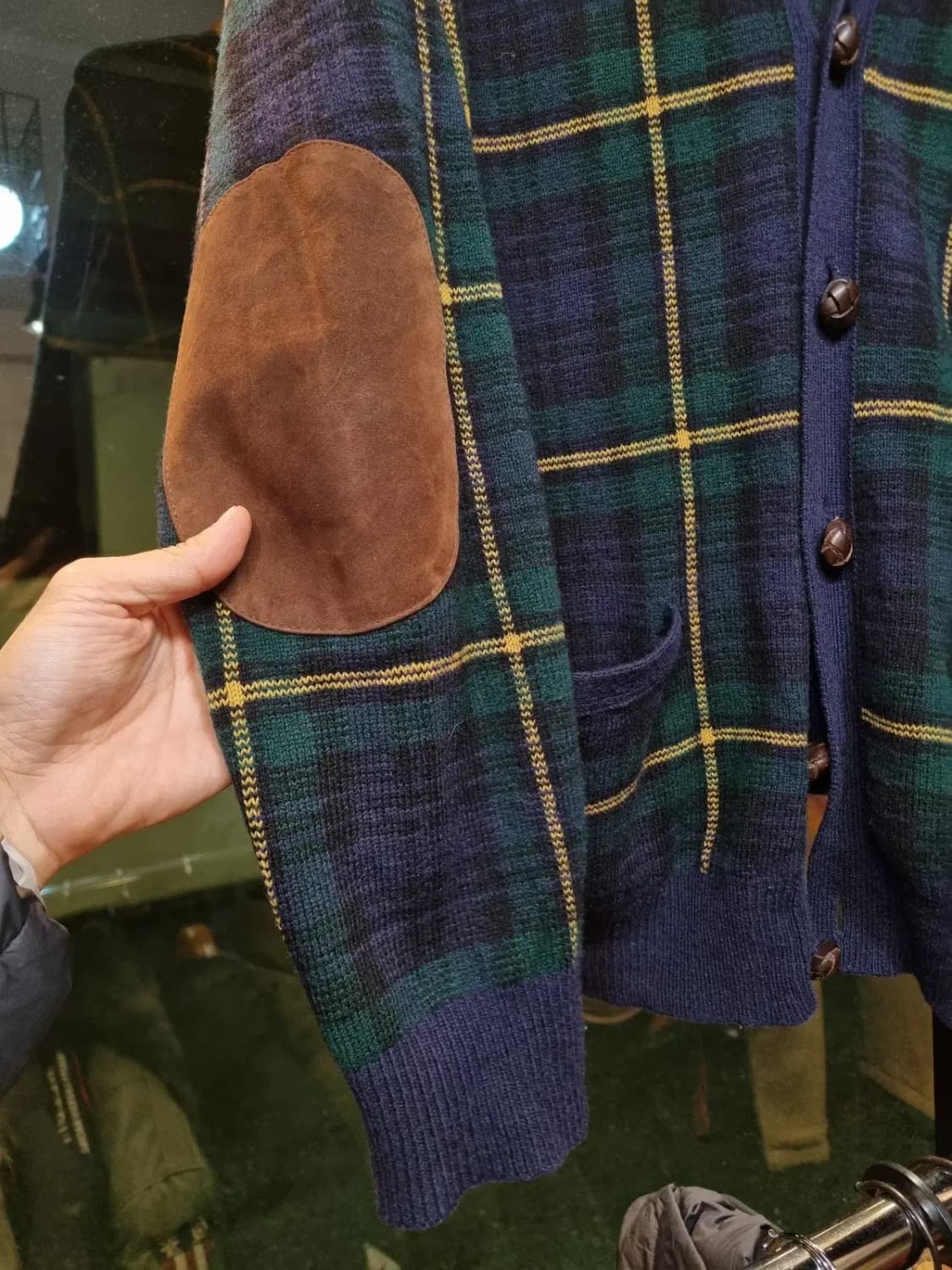 XL 폴로 랄프로렌 클래식 블랙와치 타탄체크 팔꿈치 스웨이드 패치 가디건 상품이미지5