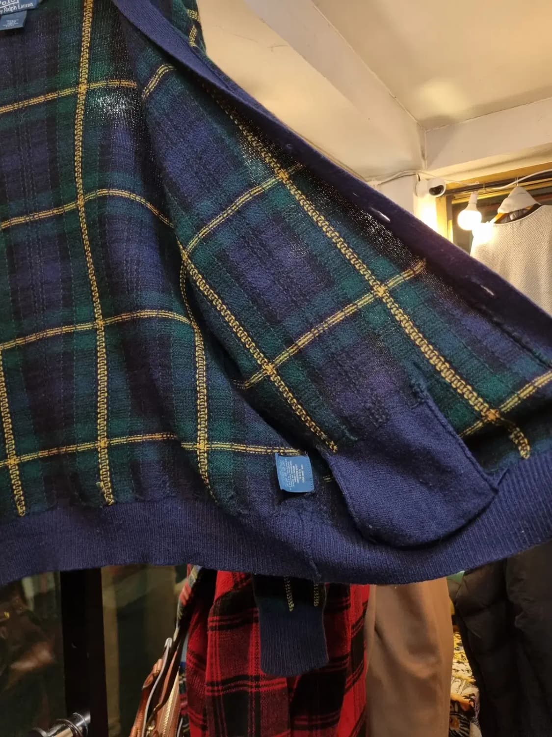 XL 폴로 랄프로렌 클래식 블랙와치 타탄체크 팔꿈치 스웨이드 패치 가디건 상품이미지6