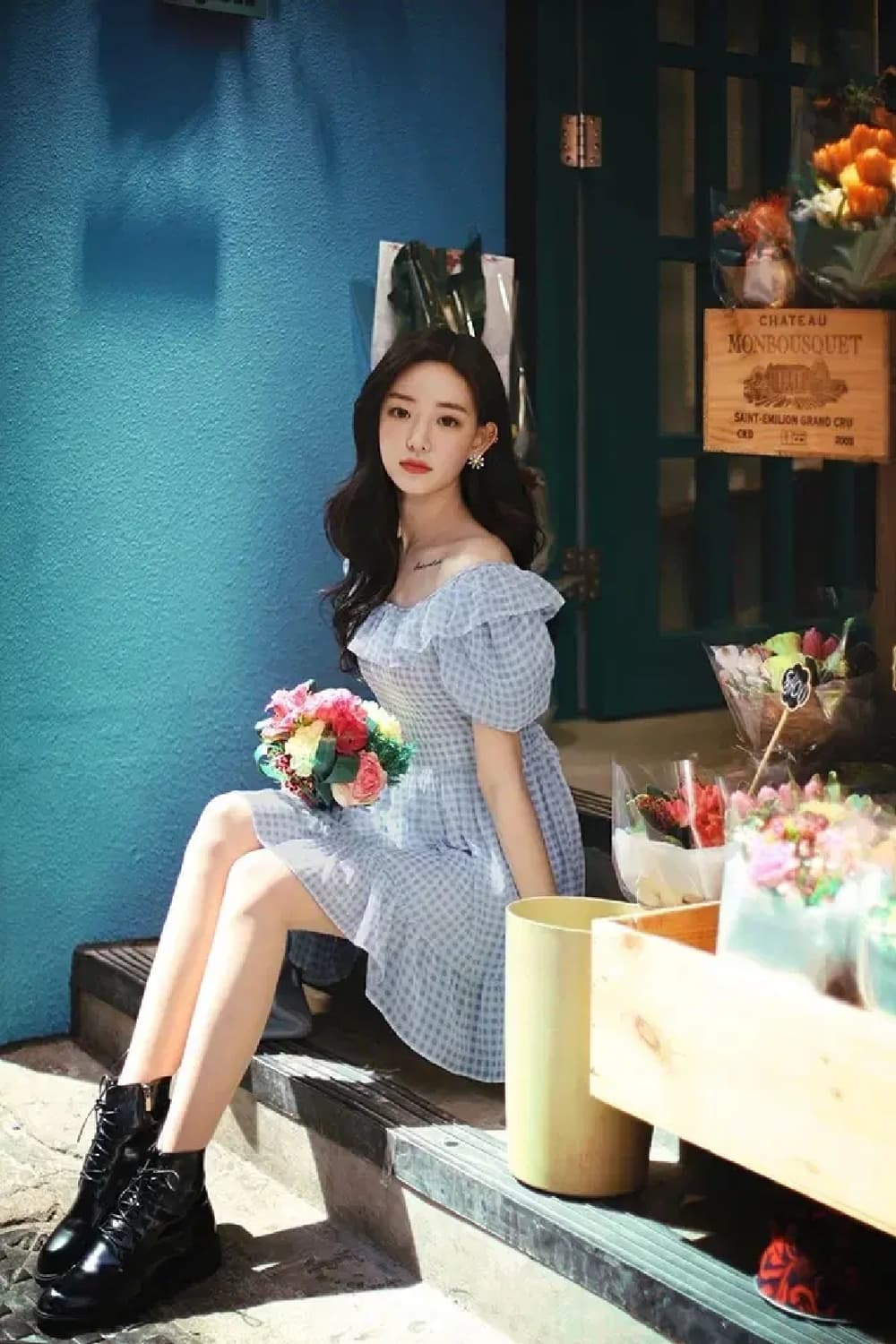 밀크코코아 연블루 체크 오프숄더 리본 쉬폰 원피스 상품이미지4