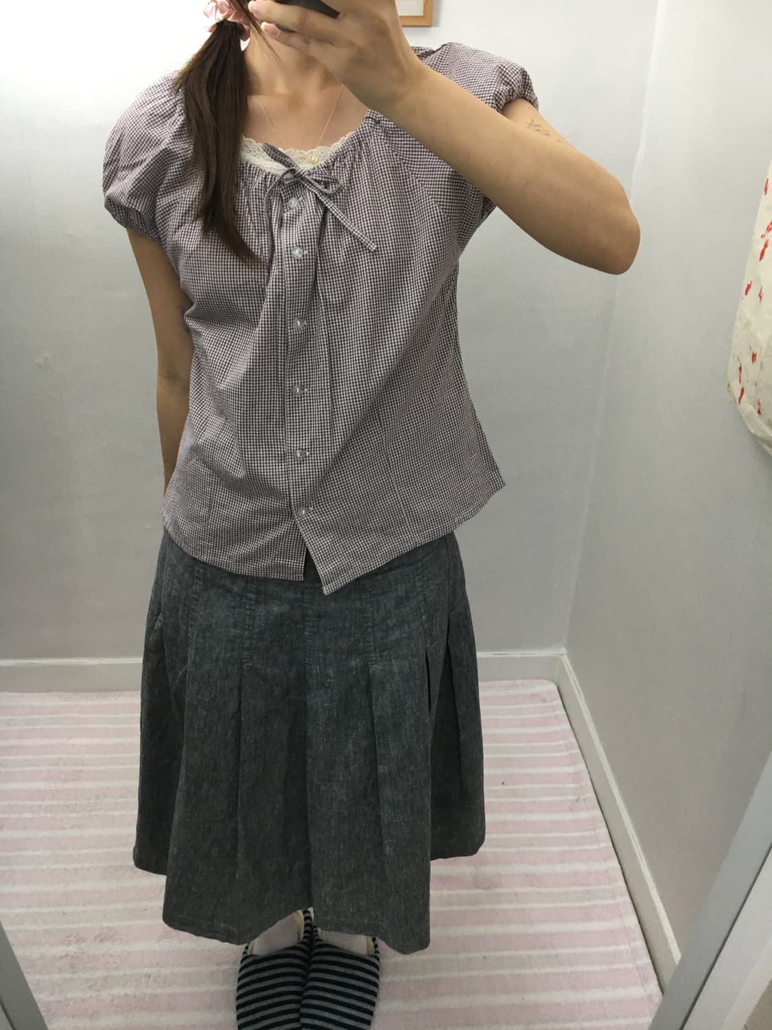 퍼플 체크 반소매 블라우스 상품이미지9